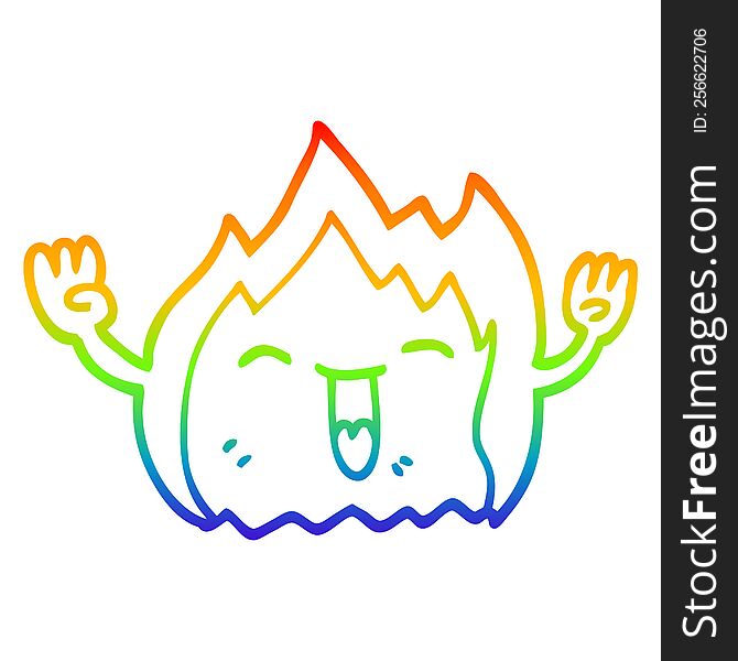 rainbow gradient line drawing of a cartoon happy red flame