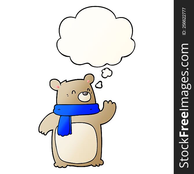 Cartoon Bear Wearing Scarf And Thought Bubble In Smooth Gradient Style