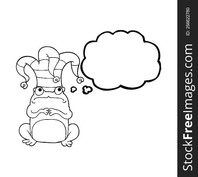 thought bubble cartoon nervous frog wearing jester hat