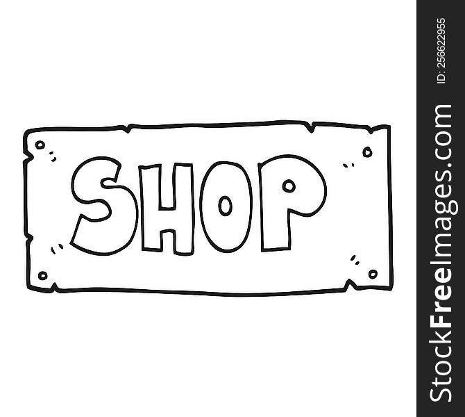 freehand drawn black and white cartoon shop sign