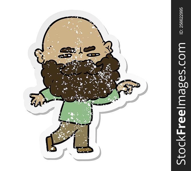 Distressed Sticker Of A Cartoon Man With Beard Frowning And Pointing