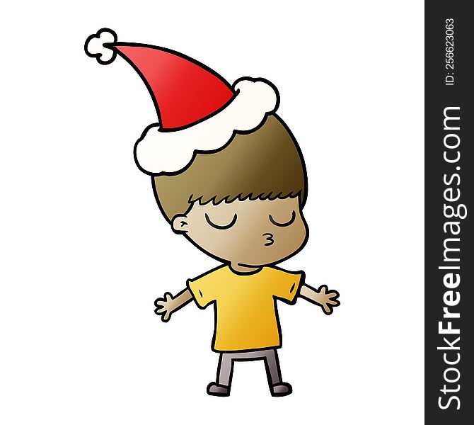 hand drawn gradient cartoon of a calm boy wearing santa hat