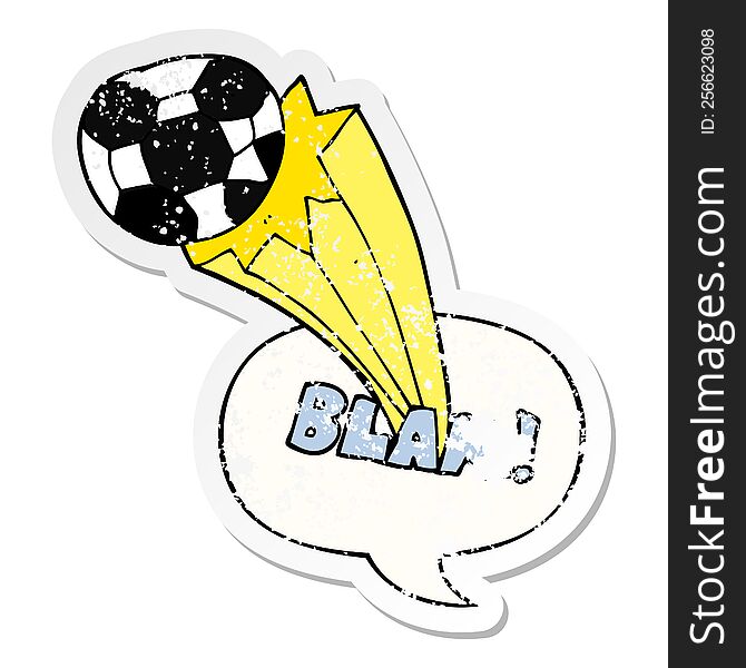 cartoon kicked soccer ball with speech bubble distressed distressed old sticker. cartoon kicked soccer ball with speech bubble distressed distressed old sticker