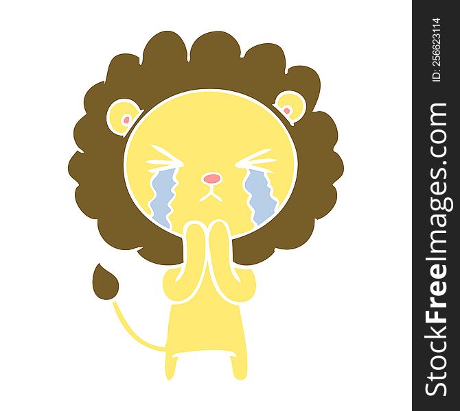 flat color style cartoon crying lion praying