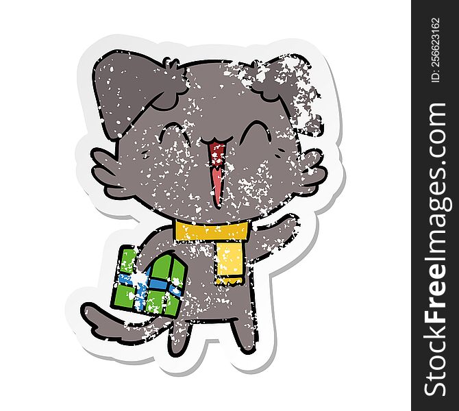 distressed sticker of a happy little cartoon dog in winter clothes