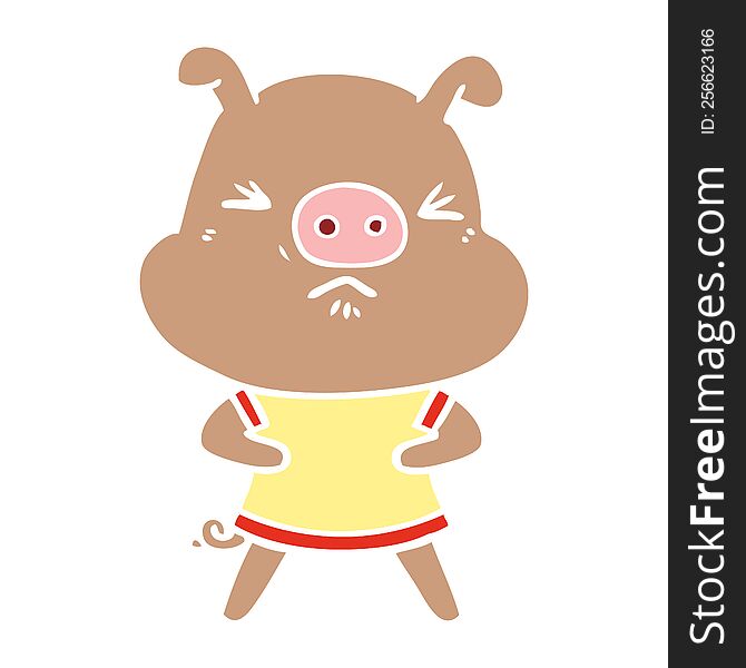flat color style cartoon angry pig wearing tee shirt