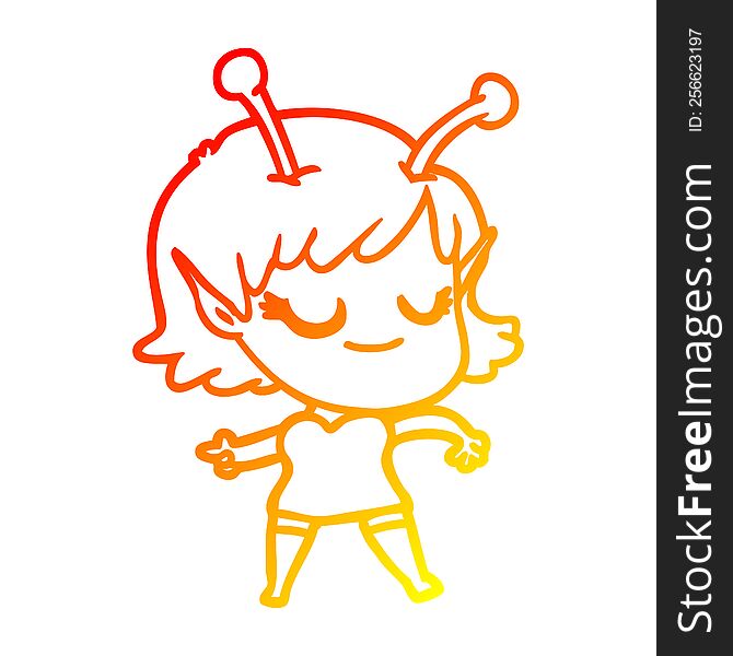 Warm Gradient Line Drawing Smiling Alien Girl Cartoon