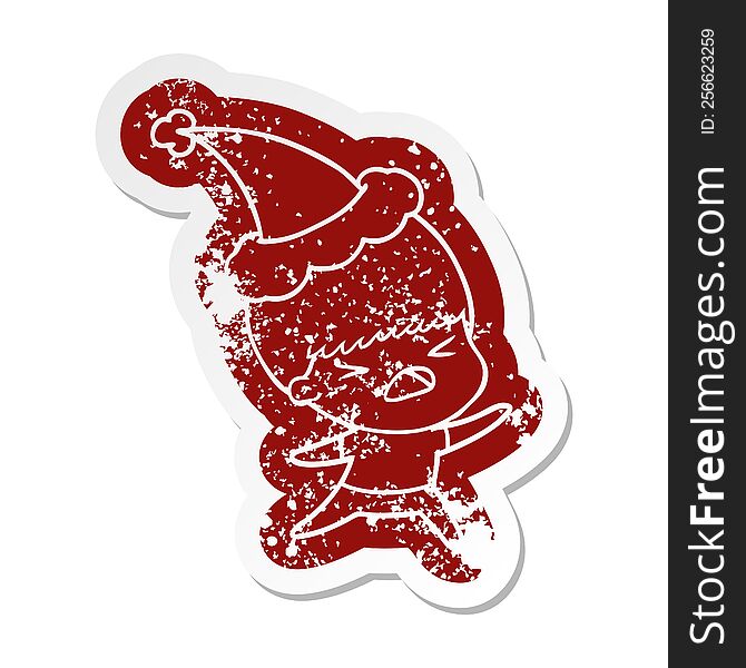 Cartoon Distressed Sticker Of A Stressed Man Wearing Santa Hat