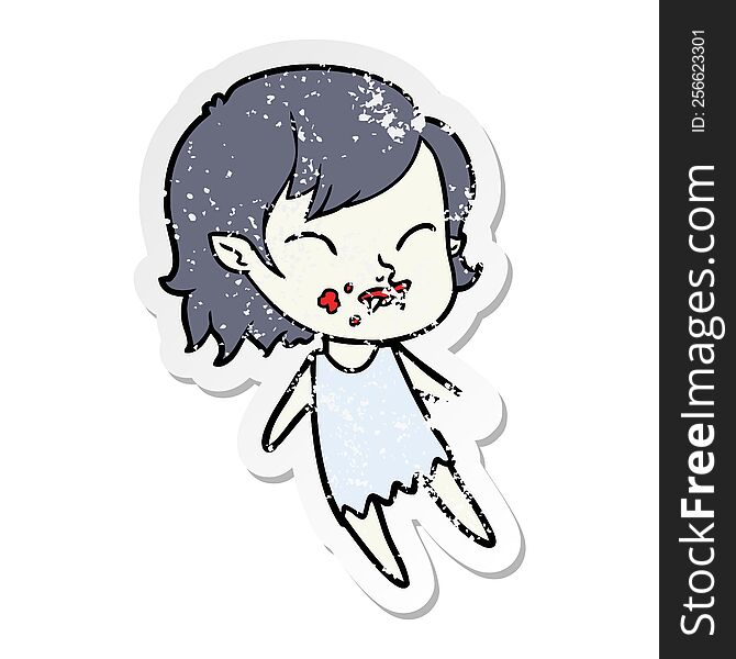 distressed sticker of a cartoon vampire girl with blood on cheek