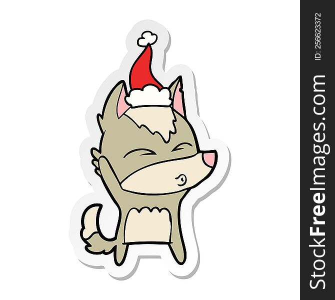 Sticker Cartoon Of A Wolf Whistling Wearing Santa Hat