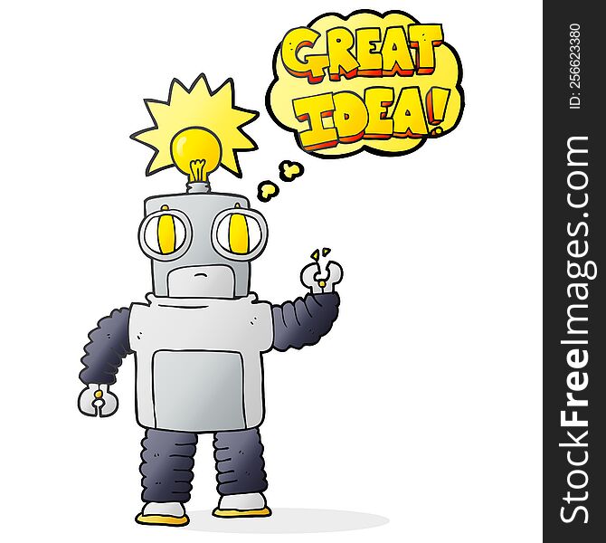 Thought Bubble Cartoon Robot With Great Idea