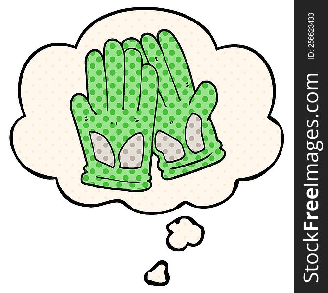 Cartoon Garden Work Gloves And Thought Bubble In Comic Book Style