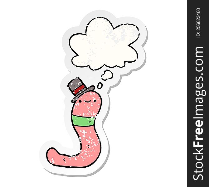 cute cartoon worm with thought bubble as a distressed worn sticker