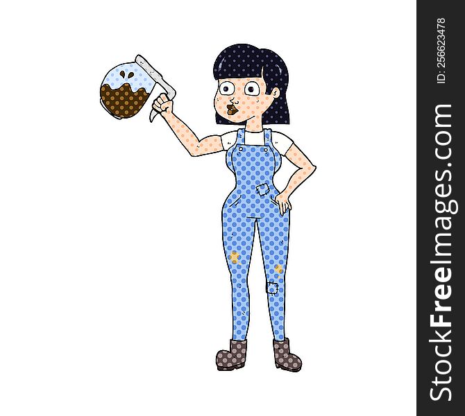 freehand drawn cartoon woman in dungarees with coffee