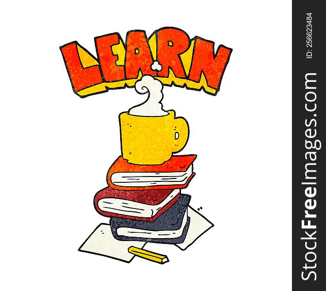 freehand textured cartoon books and coffee cup under Learn symbol