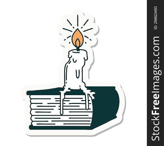 sticker of a tattoo style candle melting on book