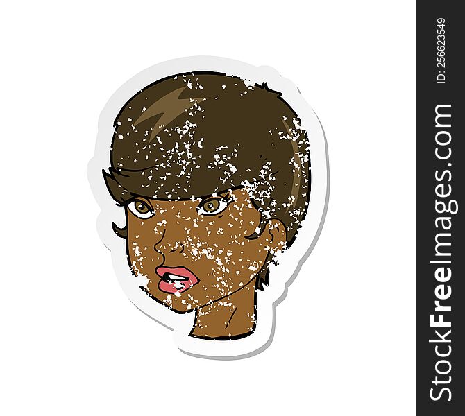 Retro Distressed Sticker Of A Cartoon Pretty Female Face