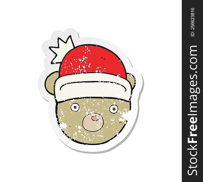 retro distressed sticker of a cartoon teddy bear wearing christmas hat