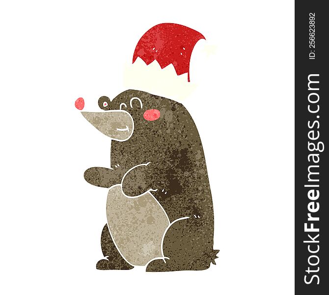Retro Cartoon Bear Wearing Christmas Hat