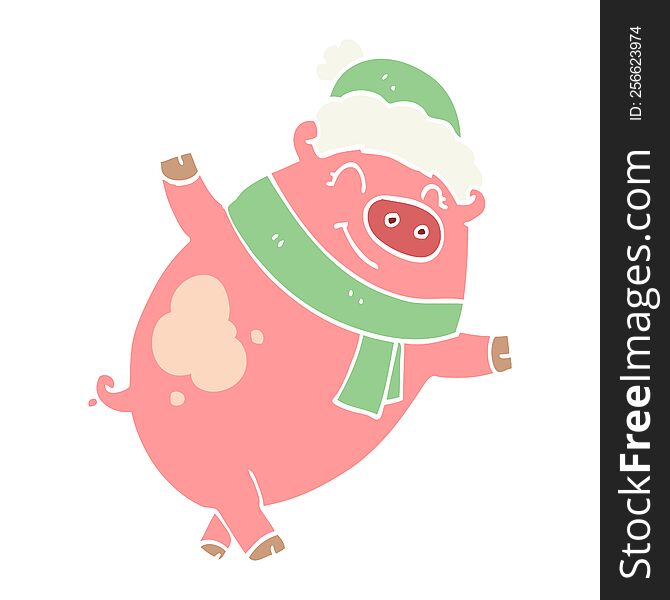 Flat Color Style Cartoon Pig Wearing Christmas Hat