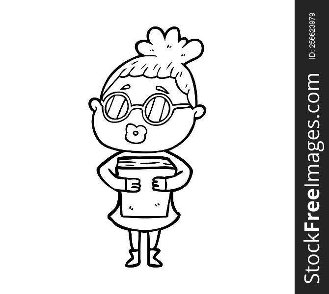 cartoon woman with book wearing spectacles. cartoon woman with book wearing spectacles