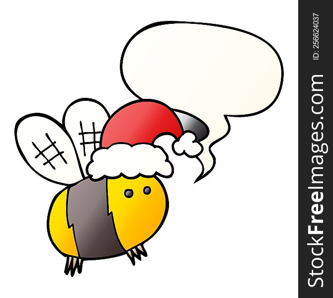 cute cartoon bee wearing christmas hat and speech bubble in smooth gradient style