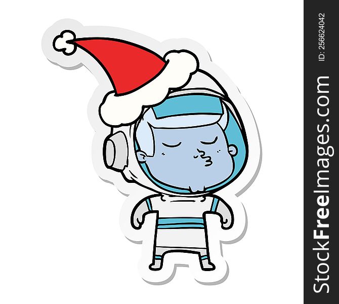 Sticker Cartoon Of A Confident Astronaut Wearing Santa Hat