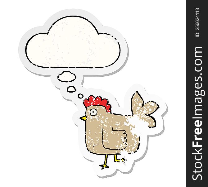 Cartoon Chicken And Thought Bubble As A Distressed Worn Sticker