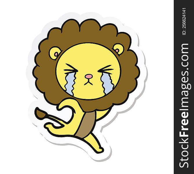 sticker of a cartoon crying lion running away