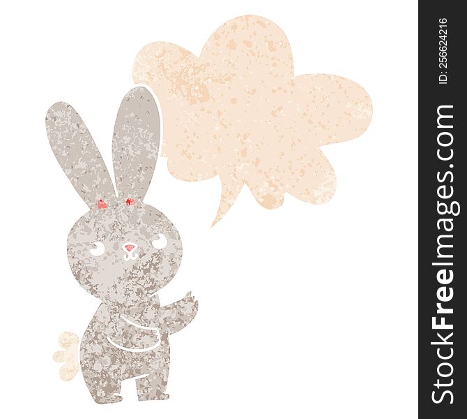 Cute Cartoon Rabbit And Speech Bubble In Retro Textured Style
