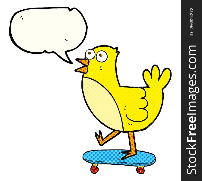 freehand drawn comic book speech bubble cartoon bird on skateboard