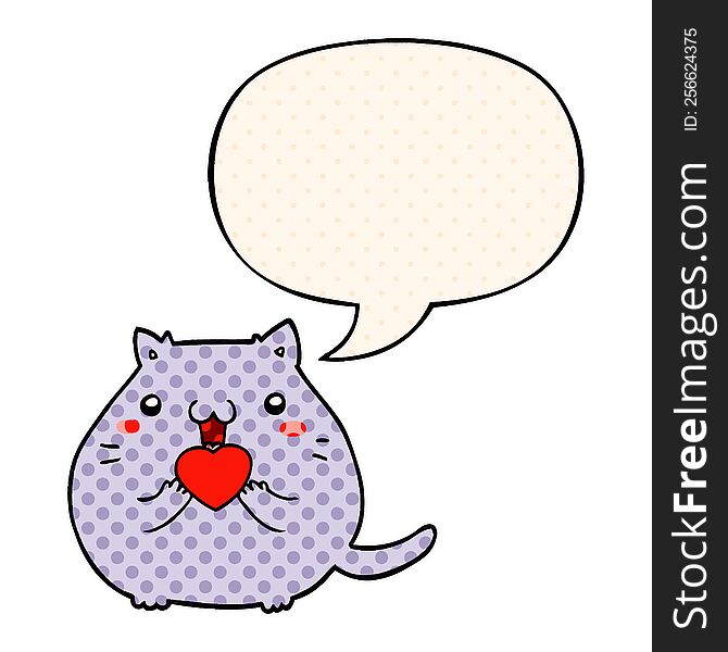 cute cartoon cat in love with speech bubble in comic book style