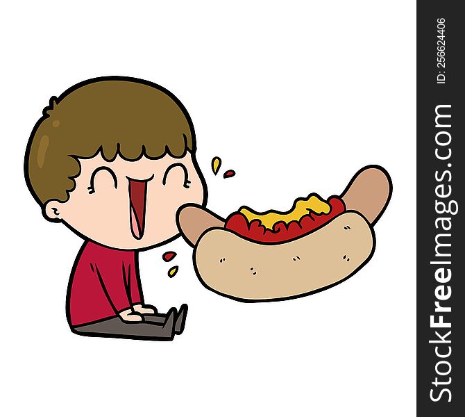 laughing cartoon man eating giant hotdog. laughing cartoon man eating giant hotdog