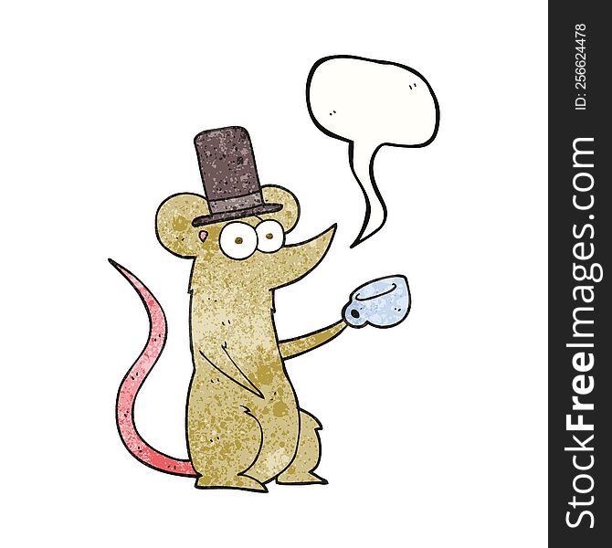 freehand speech bubble textured cartoon mouse with cup and top hat