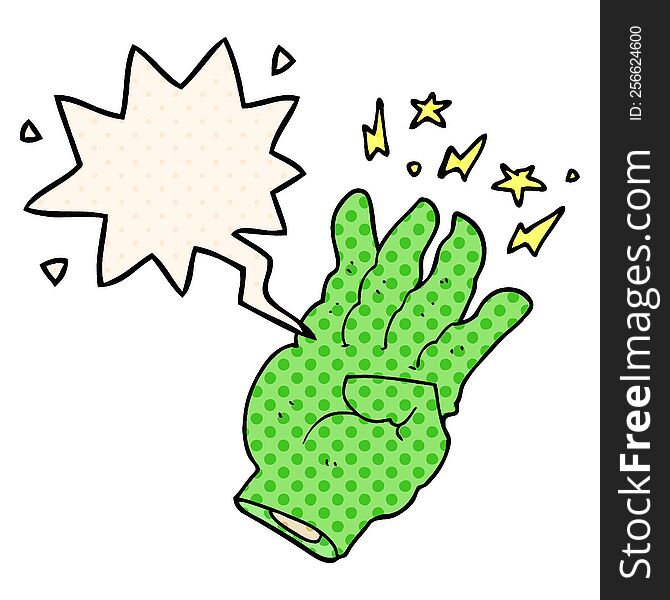 cartoon spooky magic hand with speech bubble in comic book style