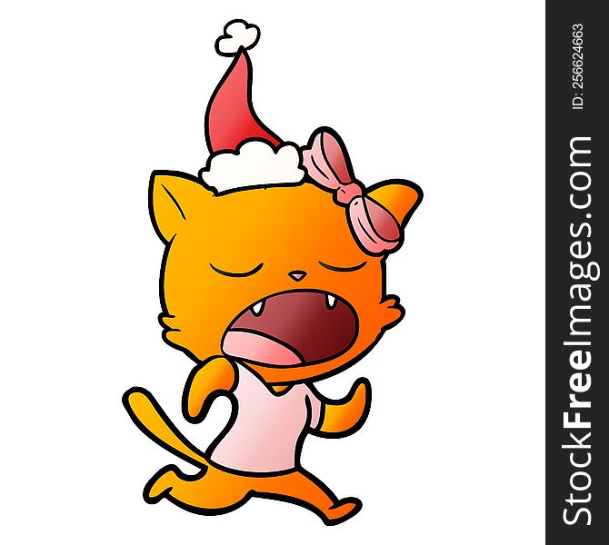 Gradient Cartoon Of A Yawning Cat Wearing Santa Hat