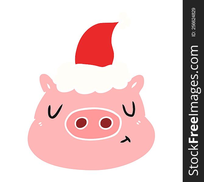 Flat Color Illustration Of A Pig Face Wearing Santa Hat