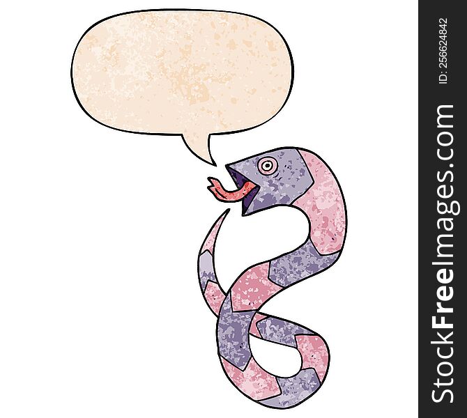 Hissing Cartoon Snake And Speech Bubble In Retro Texture Style