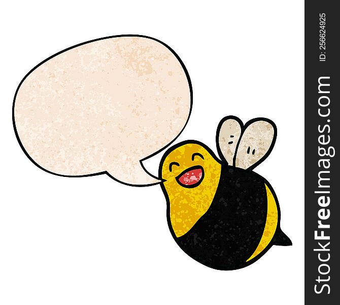 Cartoon Bee And Speech Bubble In Retro Texture Style
