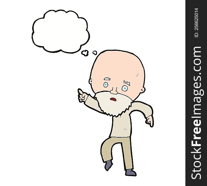 Cartoon Worried Old Man Pointing With Thought Bubble