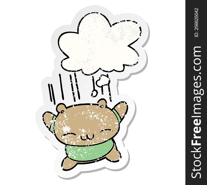 Cartoon Jumping Bear And Thought Bubble As A Distressed Worn Sticker