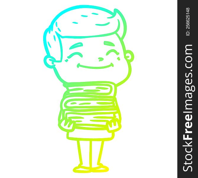 Cold Gradient Line Drawing Happy Cartoon Man With Stack Of Books