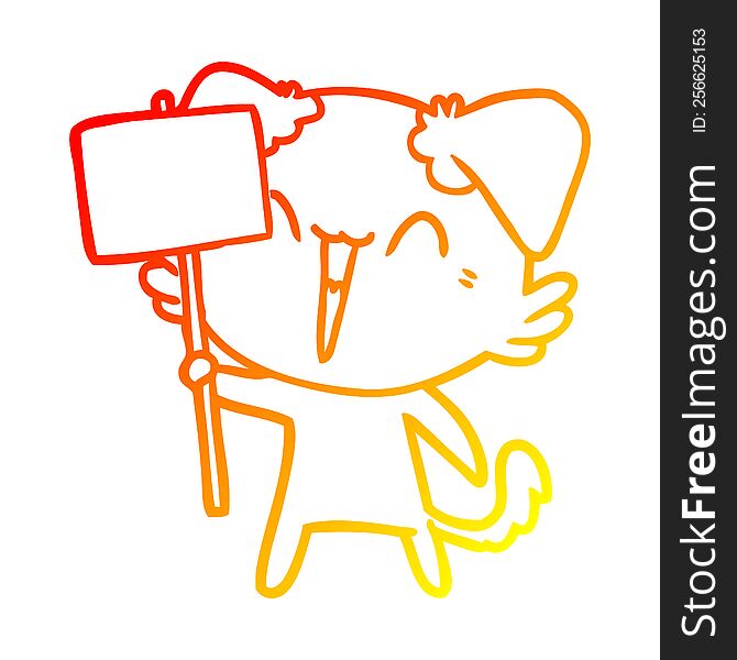 Warm Gradient Line Drawing Happy Little Cartoon Dog Holding Sign