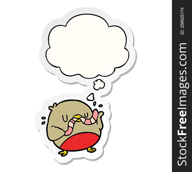 cartoon robin with worm with thought bubble as a printed sticker