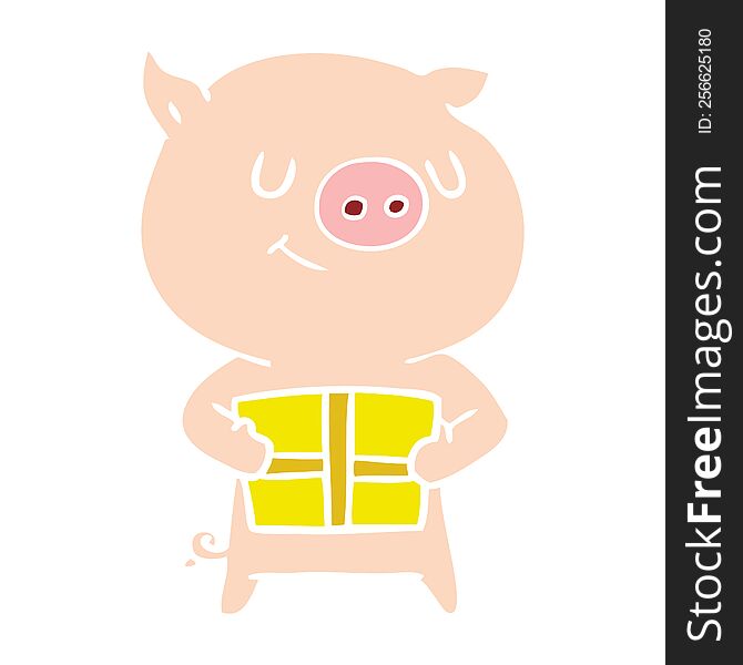 happy flat color style cartoon pig with christmas present