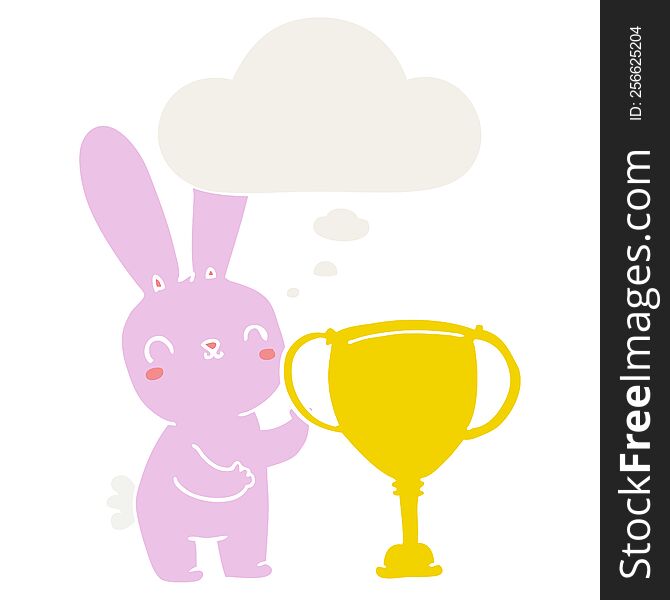 cute cartoon rabbit with sports trophy cup with thought bubble in retro style
