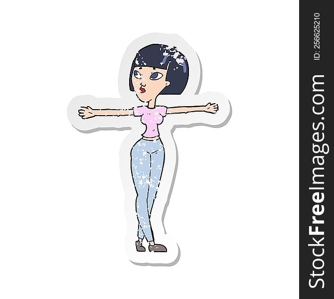 retro distressed sticker of a cartoon woman spreading arms