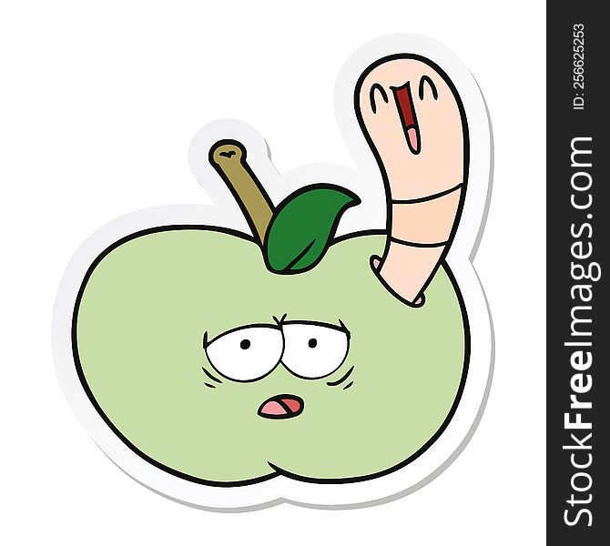 sticker of a cartoon worm in apple