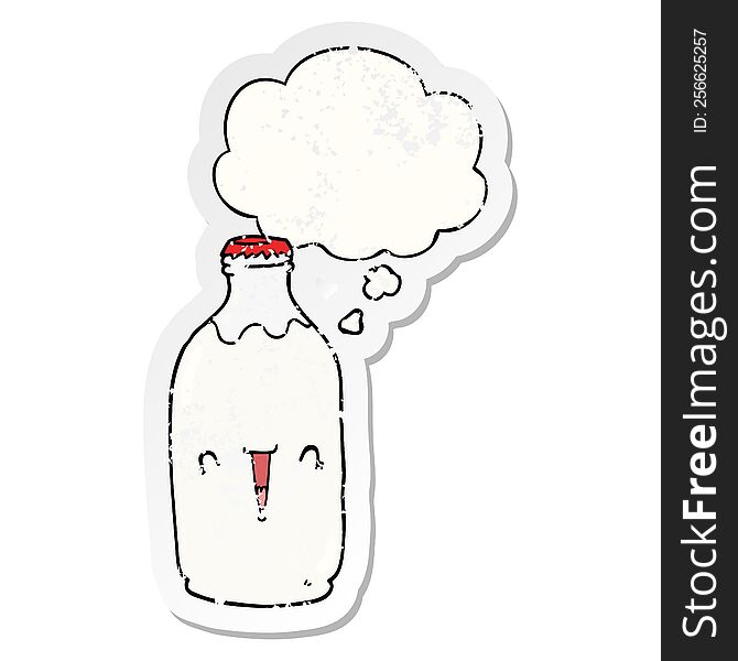 cute cartoon milk bottle with thought bubble as a distressed worn sticker
