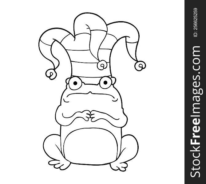 Black And White Cartoon Nervous Frog Wearing Jester Hat